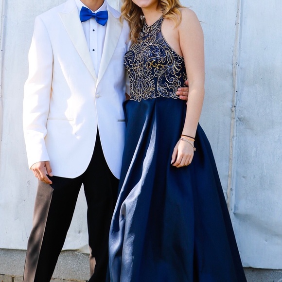 Navy Blue PROM dress with gold detailing - Picture 2 of 2